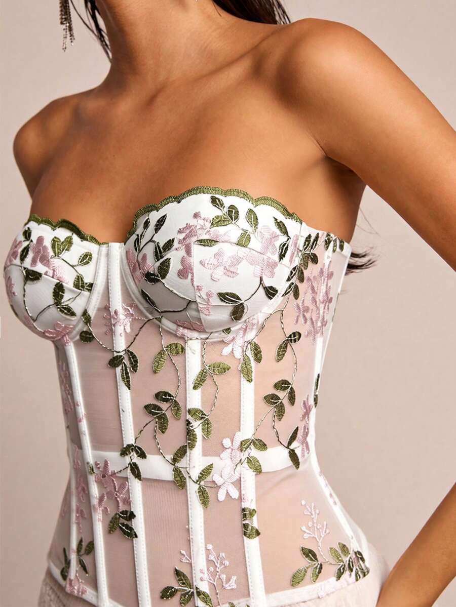 SHEIN Glamour Women's Botanical Embroidered Mesh Bustier Top - White - View 1