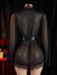 Seduluxe 3pcs Set Romantic Lace Women Sexy Lace Splice Robe Sleepwear Set For Going Out - Black - View 2