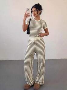 SHEIN Teen Girls Black & White Striped Patchwork Crew Neck Short Sleeve T-Shirt And Pants Co-Ord Set - Multicolor - View 3