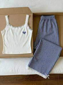 Comfortcana Damen Casual Gelb Spitzenbesatz Trägerhemd und gestreifte Hose 2-teiliges Set, Schule Creme Gelb 2-teiliges Outfit - Verschiedenfarbig - Übersicht 3