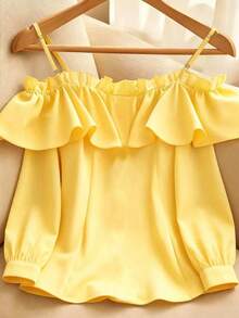 Glimmora Women's Elegant Daily Solid Color Ruffle Off-Shoulder Front Button Shirt Vacation Yellow Autumn - Yellow - View 4