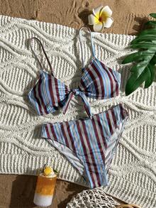 Swim Mod 女款比基尼泳衣套裝，可調節肩帶、蝴蝶結裝飾、條紋印花、高腰設計，海灘與島嶼度假休閒風 2 件組 - 咖啡棕 - 查看 2