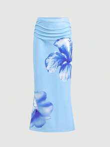 SHEIN Tween Girl Light Blue Tropical Floral Pattern Ruched Fitted Skirt 2 Pieces Set,Summer Vacation Holiday Outfit,Casual Asymmetric Co Ord Set,2pcs - Blue - View 5