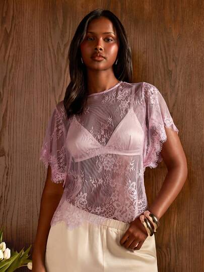 COSMINA Women's Solid Color Round Neck Raglan Short Sleeve Sheer Sexy Loose Lace Blouse