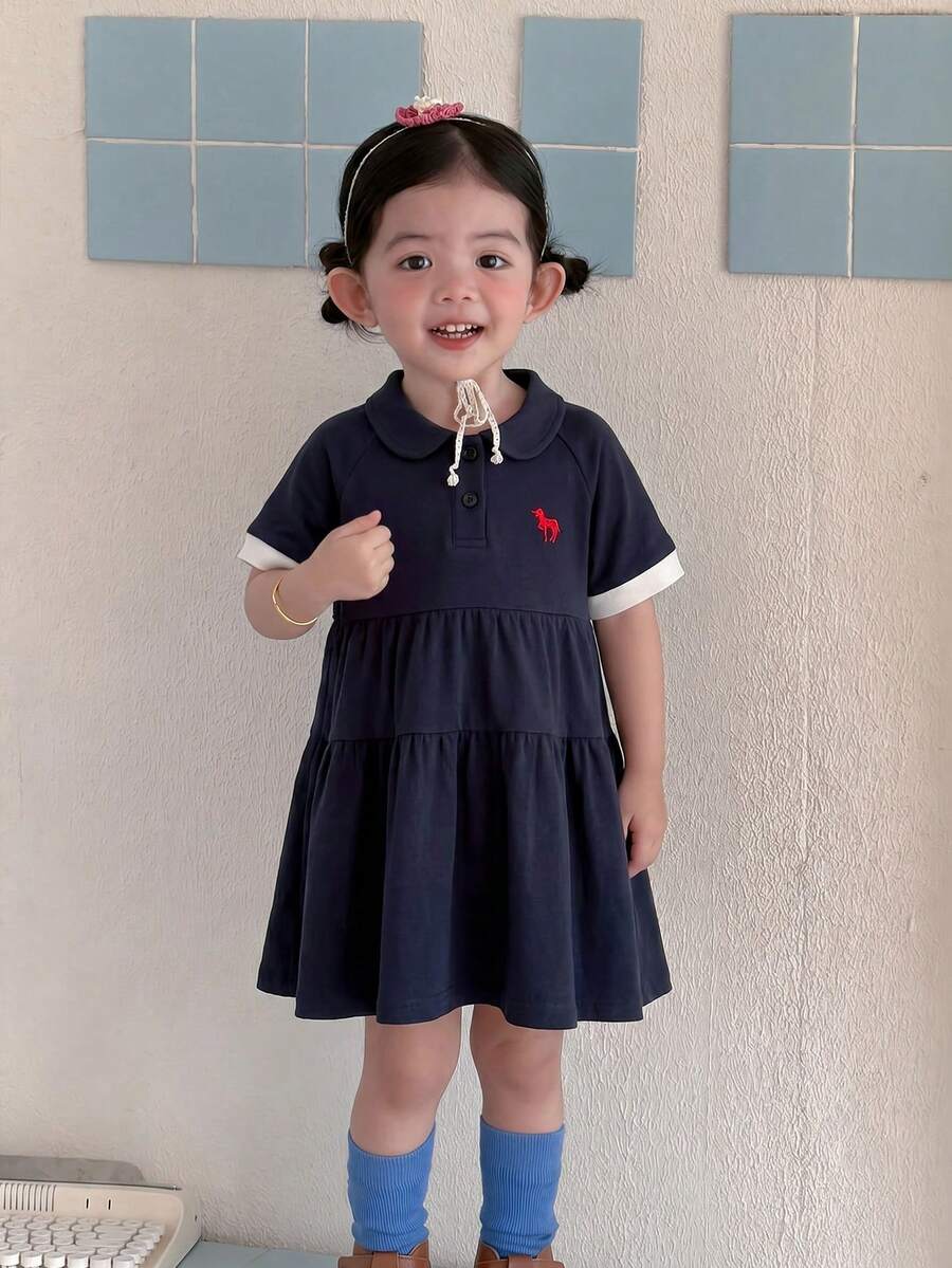 DAZY 女嬰圓領休閒寬鬆拼色條紋洋裝 夏季幼兒 - 藍色 - 查看 1