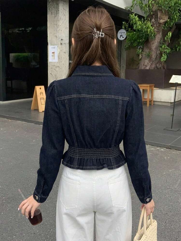 DAZY Áo sơ mi denim dáng ôm kiểu Hàn Quốc dành cho nữ, thích hợp mặc mùa hè. - Màu xanh lam - Xem 2