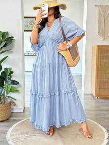 Vionelle Plus Size Women Light Blue Ruffle Hem Loose Long Dress, Spring/Summer Beach Vacation Vacation Boho - Blue - View 4