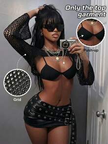 Amplova Music Festival Street Style Sexy Bra + Sheer Overlay Top For Women Golf Pastal Autumn - Black - View 1
