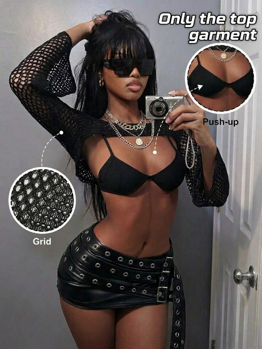 Amplova Music Festival Street Style Sexy Bra + Sheer Overlay Top For Women Golf Pastal Autumn - Black - View 1
