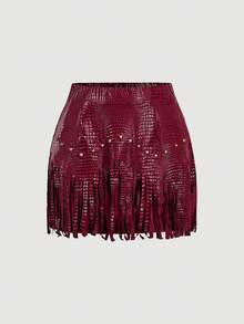 SHEIN MOD 女士时尚百搭流苏下摆半身裙 - 酒紅色 - 查看 3