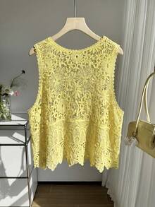 SHEIN EZwear 大码女式夏季沙滩度假休闲镂空针织背心 - 鵝黃色 - 查看 2