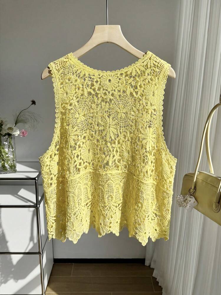SHEIN EZwear Plus Size Women Summer Beach Vacation Casual Hollow Out Knitted Vest - Pale Yellow - View 2