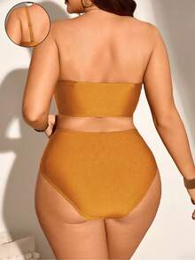 Swim Chiccia Plus Size Summer Vacation Beach Gym Contrast Color Bandeau Bikini Set - Yellow - View 2