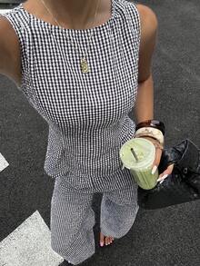 Elegante conjunto de dos piezas de lujo a cuadros negros, elegante blusa de verano con lazo en la espalda y pantalones de pierna ancha, conjunto a juego sexy con recorte y lazo en la espalda - verde menta - Ver 8