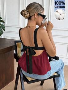 Serisse Contrast Color Backless Tie-Front Casual Summer Tank Top - Burgundy - View 6