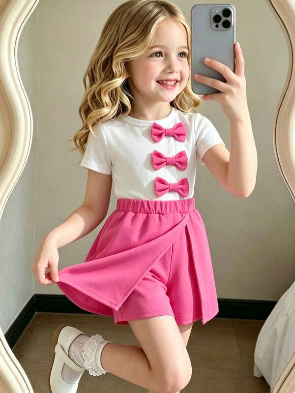 Bộ 2 món áo thun trắng dễ thương đính nơ hồng fuchsia + chân váy quần short xẻ 2 trong 1 cho bé gái, thiết kế phối màu colorblock mùa hè, quần short thường ngày, phù hợp mặc hàng ngày, tiệc sinh nhật