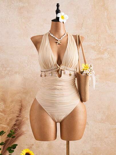 Swim Vcay Women's Sexy Metallic Starfish Accent Fringe Decorated High Leg One-Piece Swimsuit For Vacation