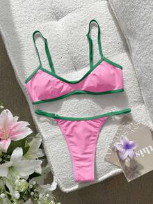 Swim SXY 女款比基尼泳衣性感純色拼接比基尼，內建胸墊短版背心吊帶泳衣，適合度假、海灘穿搭、Y2K、健身套裝，情人節新年派對度假穿搭，城市至海灘波希米亞風 SS26 春夏海灘裝 - 粉色 - 查看 6