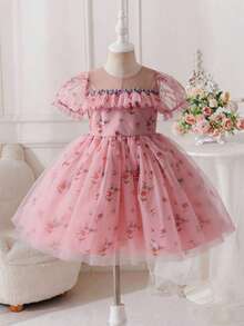 Glamorique Kids 小女孩碎花薄纱连衣裙，粉色花童礼服，适合生日派对、婚礼等各种场合 - 粉色 - 查看 3