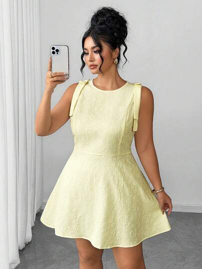 Elenzga Plus Size Women's Elegant Vacation Style Solid Color Jacquard Bowknot Sleeveless Waist Cinched Dress