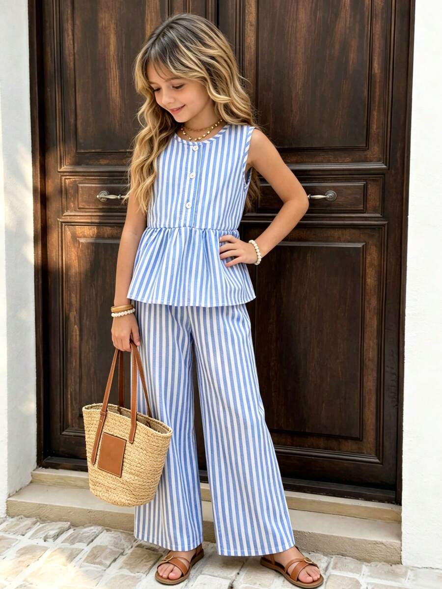 SHEIN Elladie kids Bộ 2 món cho bé gái: Áo sát nách kẻ sọc viền bèo + Quần ống rộng suông, phù hợp mặc thường ngày, đi biển, ở nhà, đi công viên, dã ngoại, đi học mùa hè - Màu xanh lam - Xem 1