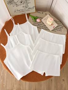 SHEIN 6pcs/Set White Lace Sweet Cute Comfortable Casual Wearable Camisole & Bikini Panty Underwear Set For Girls - White - View 2