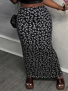 SHEIN Tall CURVE 大码女式休闲碎花长裙 - 黑與白 - 查看 6