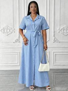 Maweii Plus Size Women Striped Print Button Front Casual Short Sleeve Shirt Dress - Blue and White - View 3