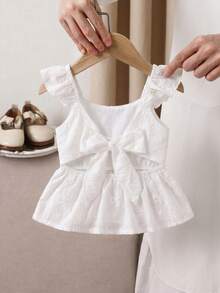 SHEIN LMoss Kids 女童白色刺绣蝴蝶结背心，百搭夏季度假装 - 白色 - 查看 4
