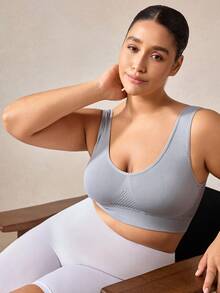 Veilyse 1pc Plus Size Women Breathable Mesh Hollow Out Wirefree Bra, Comfortable Lingerie - Grey - View 4