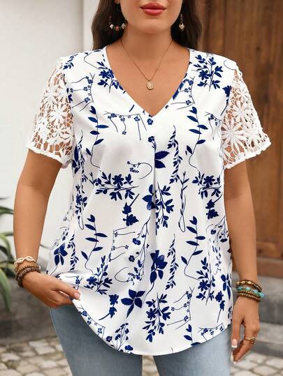 EMERY ROSE Große Größen V-Ausschnitt Geraffter Sommer Kurzarm Lässiger Einfarbiger Festlicher Oberteil, Ländlich Lässiger Urlaubsoutfit Frau, Einfach und Modisch für den Alltag, Sommer Tops Damen, Sommer Outfits für Frauen