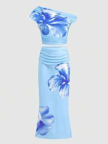SHEIN Tween Girl Light Blue Tropical Floral Pattern Ruched Fitted Skirt 2 Pieces Set,Summer Vacation Holiday Outfit,Casual Asymmetric Co Ord Set,2pcs - Blue - View 2