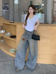 DAZY Women's Washed Korean Style Distressed Zipper Casual Streetwear Y2k Jeans Music Dark Wash Summer - Blue - View 6