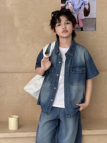 DAZY Boys' Denim Collared Short Sleeve Jacket + Straight Leg Pants Casual Suit (Plus Size) - Medium Wash - View 1