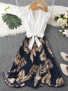 SHEIN Franclia 女款V領葉片印花百褶休閒派對洋裝 - 藍白色 - 查看 1