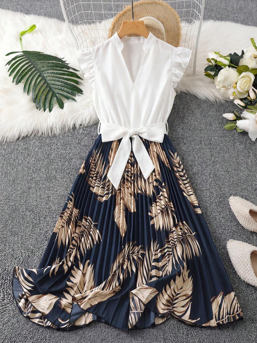 SHEIN Franclia 女款V領葉片印花百褶休閒派對洋裝 - 藍白色 - 查看 1