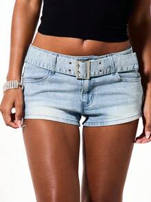 BABYPHAT Quần short denim cạp thấp có thắt lưng, ống quần xắn gấu, phong cách đường phố thường ngày mùa hè, lễ hội. - Màu xanh lam - Xem 1