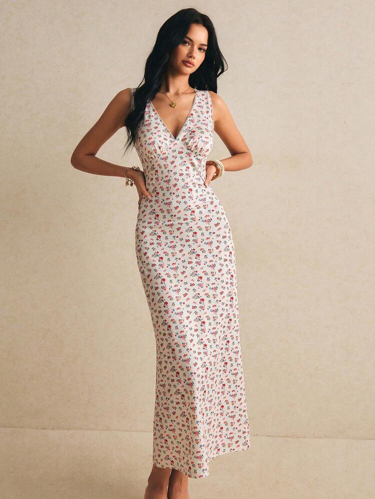 Poéselle 女士碎花V领修身无袖连衣裙 - 白色 - 查看 8