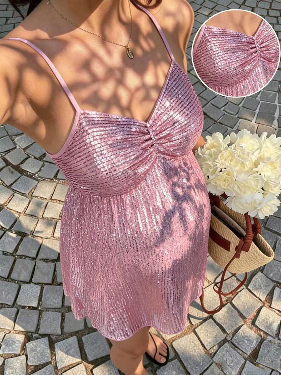 SHEIN 粉色孕婦百褶A字亮片細肩帶背心,附哺乳罩杯設計,適合女性夏季度假、海灘假期與夏季電音派對 - 粉色 - 查看 1