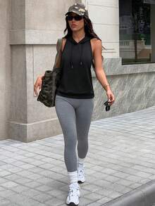 Sirith 女士时尚休闲户外健身跑步前中口袋无袖连帽抽绳露背性感瑜伽运动卫衣，夏季 - 黑色 - 查看 7
