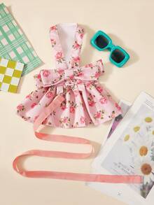 PETSIN 1pc Pink Rose Full Print Pet Skirt Skin Friendly Breathable With Traction Rope Casual Style Pet Clothing - Multicolor - View 1