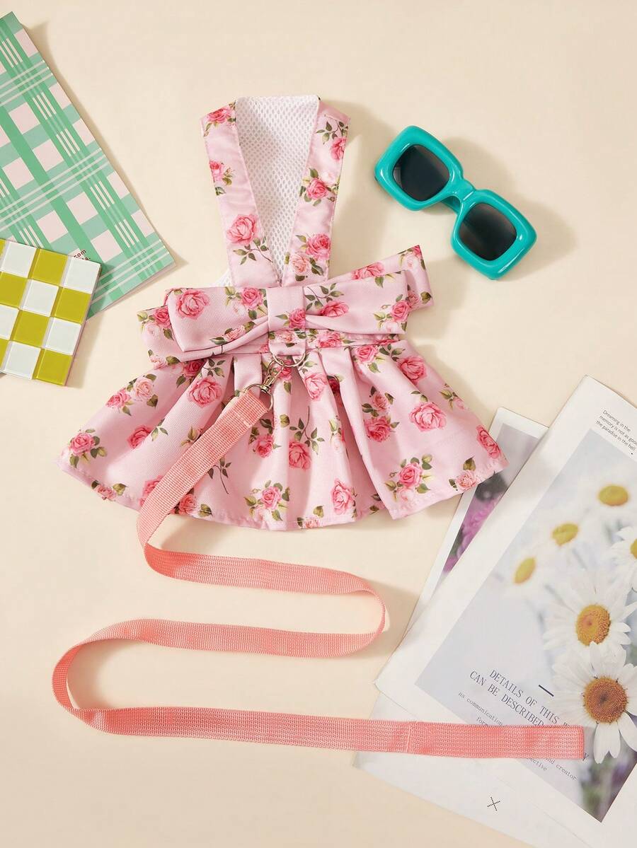 PETSIN 1pc Pink Rose Full Print Pet Skirt Skin Friendly Breathable With Traction Rope Casual Style Pet Clothing - Multicolor - View 1