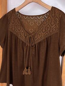 Rusticease 大码女式春季休闲度假拼接短袖T恤 - 棕色 - 查看 9