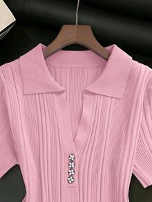 Franclia Women's Blush Pink,Autumn,Elegant,Formal,Wedding Polo Collar Short Sleeve Floral Button Ribbed Slim Fit French Retro Commute Plus Size Sweater Dress - Pink - View 3