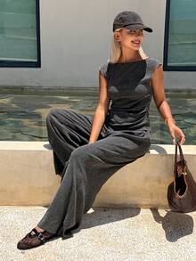 Livesso Conjunto de 2 piezas de top ajustado con pliegues de unicolor y pantalones de pierna ancha para mujer, estilo casual de vacaciones, primavera/verano/otoño - Gris - Ver 2