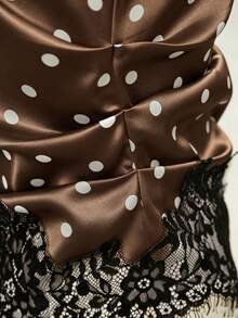 GlowEve Women's Brown And White Polka Dot, Summer, 70s, Party Stand Collar Asymmetric Ruffle Lace Splice Elegant Casual Commute Daily Wear Blouse Women's Top - Brown - View 4