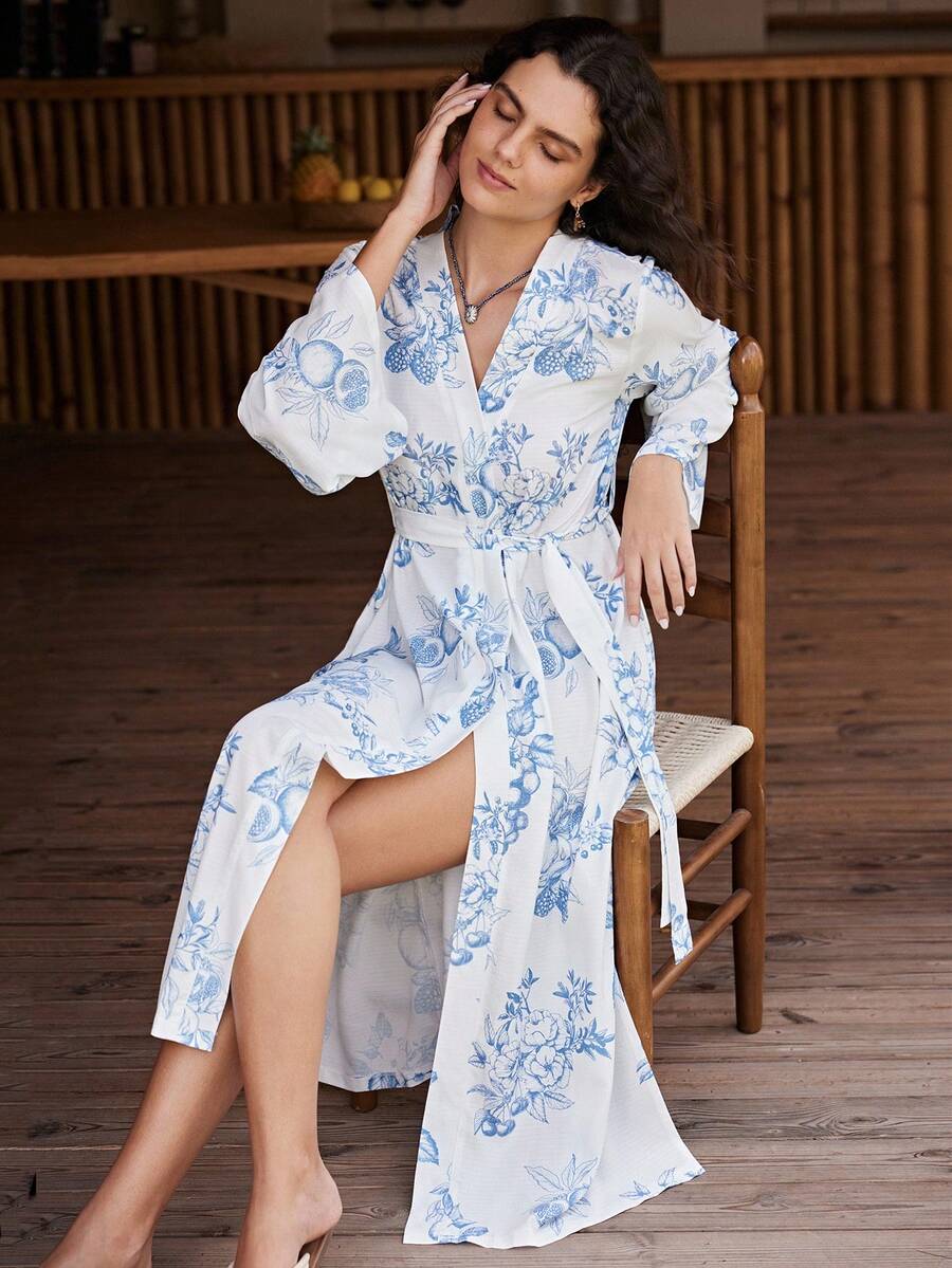 Lullawish Bohemian Style Romantic Hand-Painted Fruit & Plant Pattern Long Loose Women Robe - Blue and White - View 1