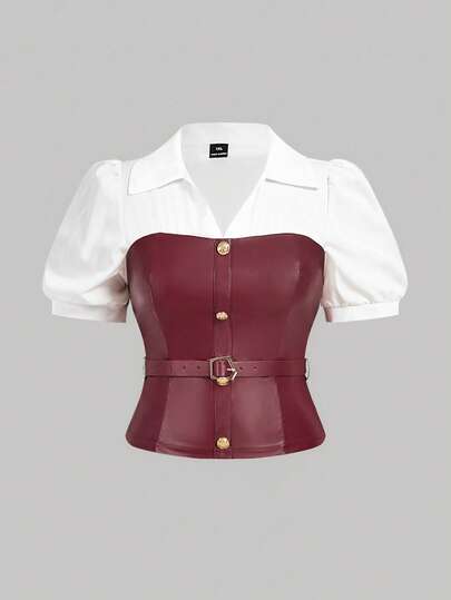 SHEIN MOD Áo sơ mi cỡ lớn kiểu vintage phối nhiều mảnh, 2 trong 1, áo có thắt lưng trang trí, trang phục công sở thanh lịch.