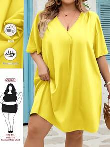 SHEIN CURVE+ 新款优雅休闲/商务休闲女式短袖雪纺衬衫裙，V领宽松荷叶袖中长连衣裙，大码T恤裙，大码度假连衣裙，大码黑色连衣裙，黑色V领连衣裙 - 黃色 - 查看 7