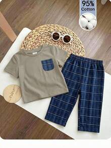 SHEIN Baby Jungen Karohemd mit Tasche & Karoshorts 2 Stücke Set, Lässig & Bequem - Hellgrau - Übersicht 12